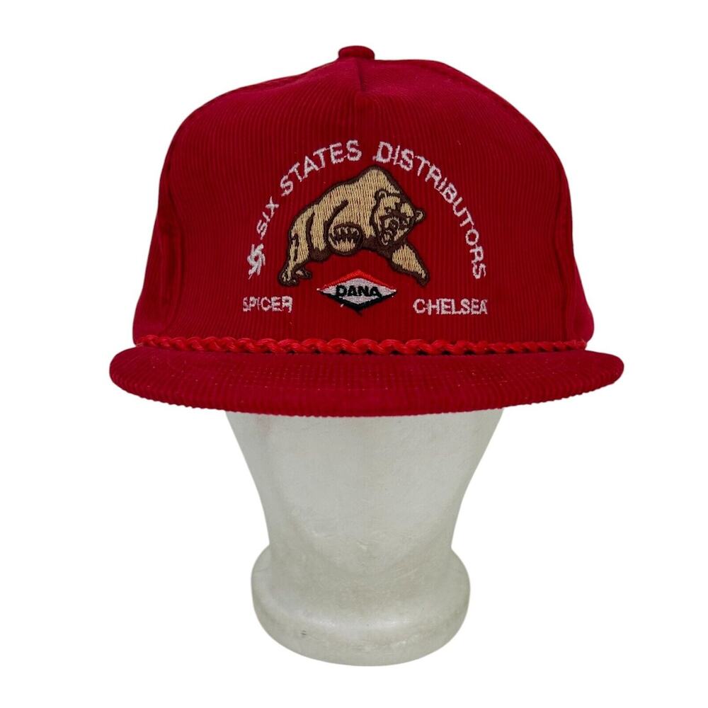 Vtg Six States Distributors Corduroy Snapback Trucker Hat Cap Headliner 80s Red